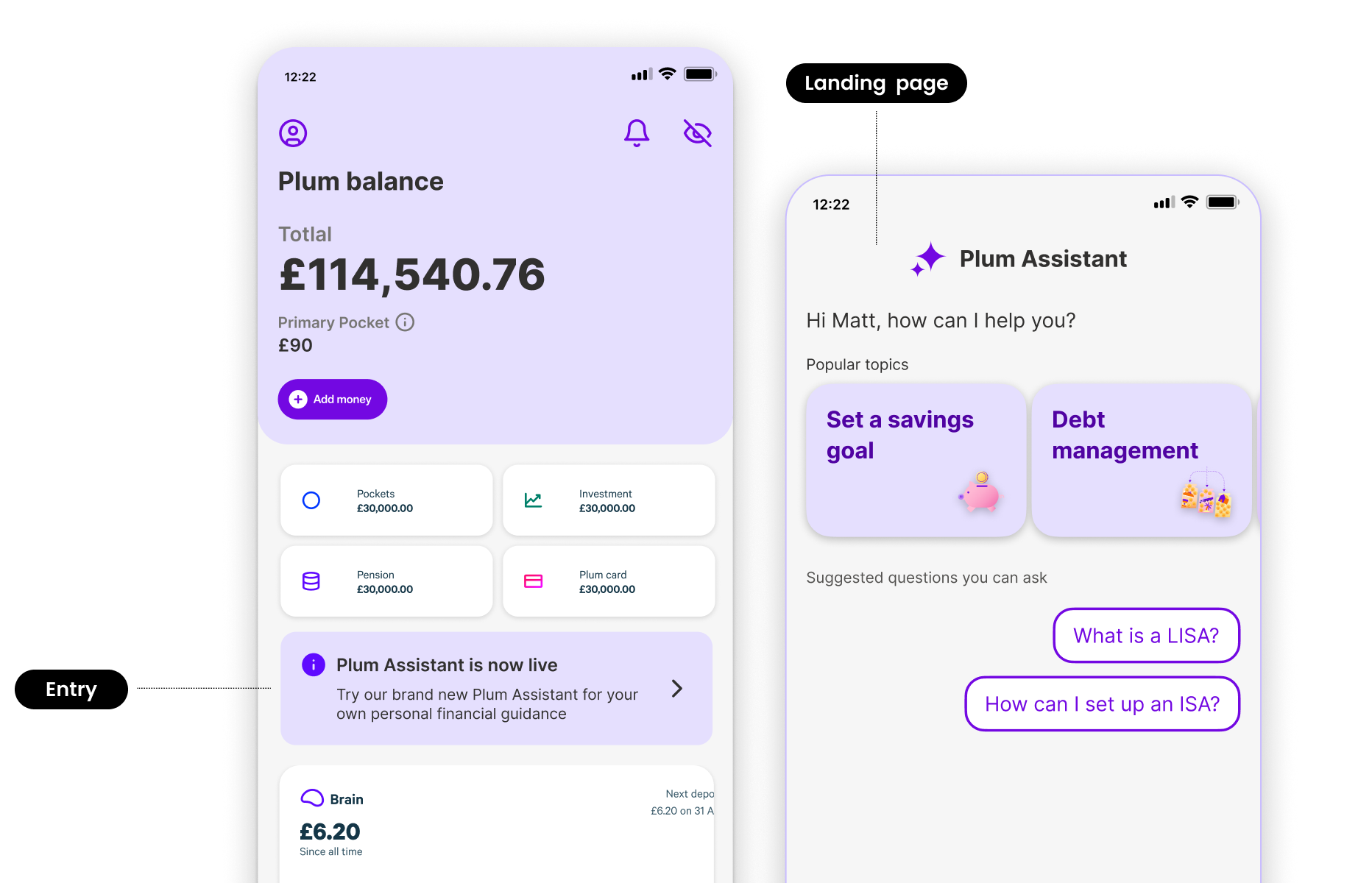 Discovery and entry — home screen entry point and Plum Assistant landing page with popular topics and suggested questions